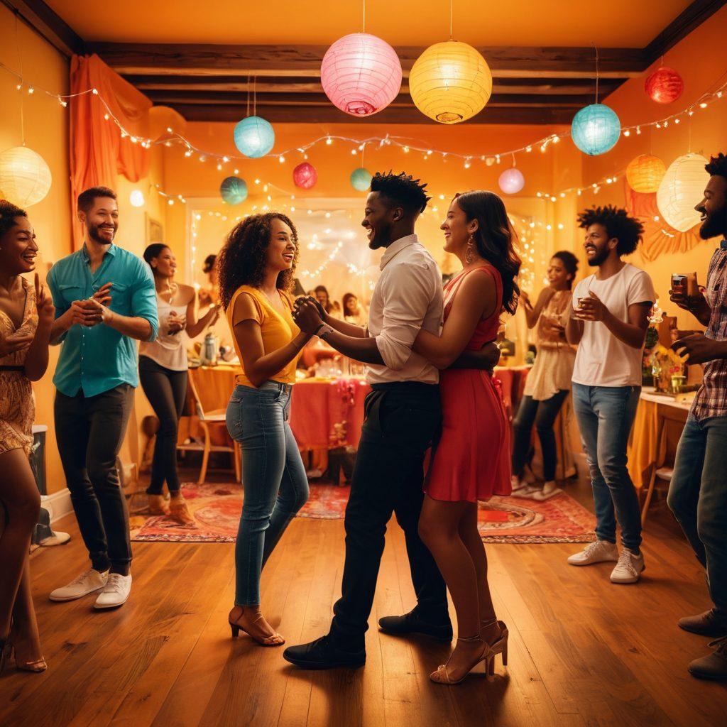 A vibrant party scene with diverse couples connecting and dancing together in a lively atmosphere, featuring colorful decorations, soft lighting, and playful interactions. Emphasize the warm emotions of trust and freedom, integrating symbols of alternative lifestyles like a yin-yang or infinity sign in the background. The setting should convey joy, acceptance, and shared experiences. super-realistic. warm colors. dynamic composition.