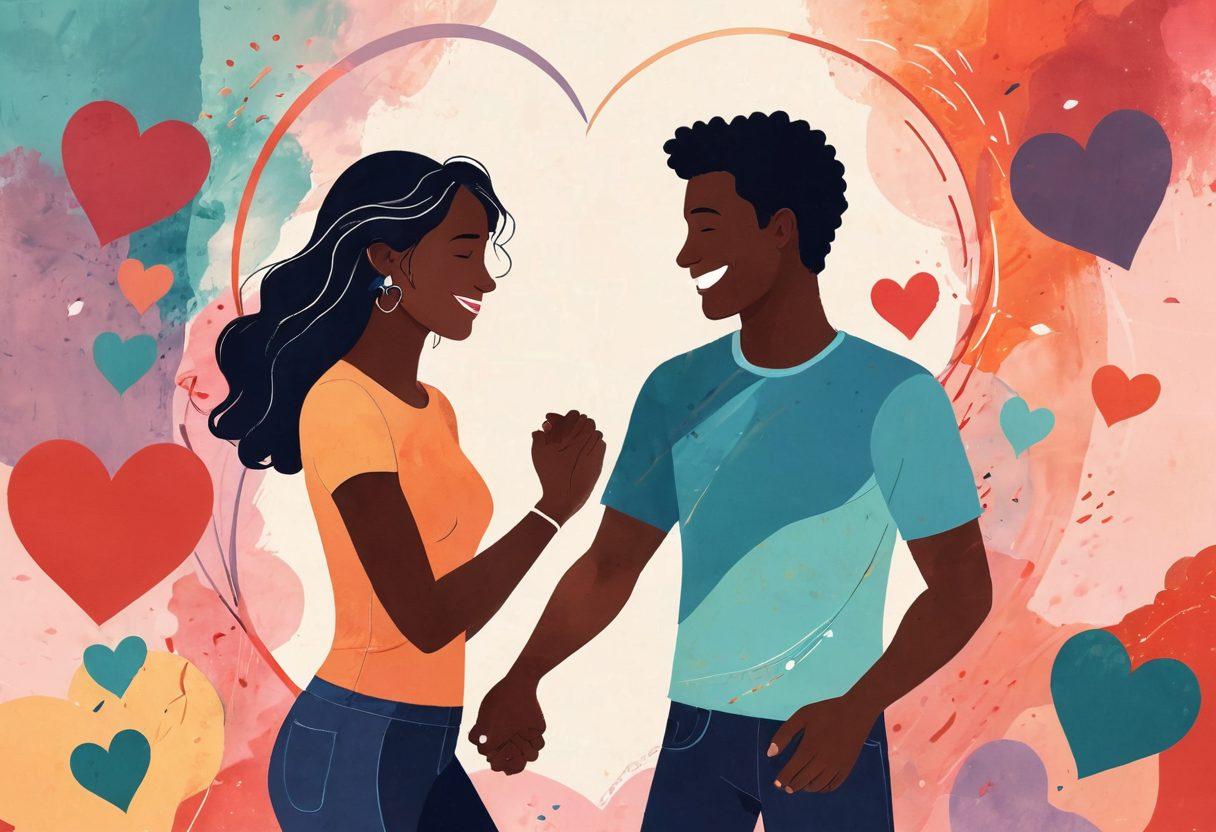 A romantic and playful scene depicting a diverse couple smiling and holding hands, surrounded by abstract representations of love and intimacy, such as hearts and intertwined rings. In the background, subtle hints of different lifestyles merging together like silhouettes of couples dancing and sharing joyful moments. Soft and warm color palette to evoke emotions of connection and excitement. Illustrative style with a touch of whimsy. vibrant colors. 3D.
